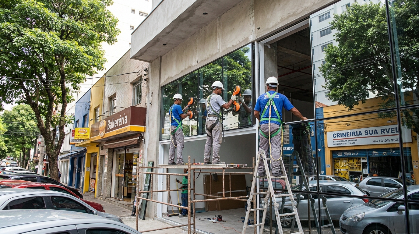 Fachada de vidro com confeitaria vizinha em Belo Horizonte-MG