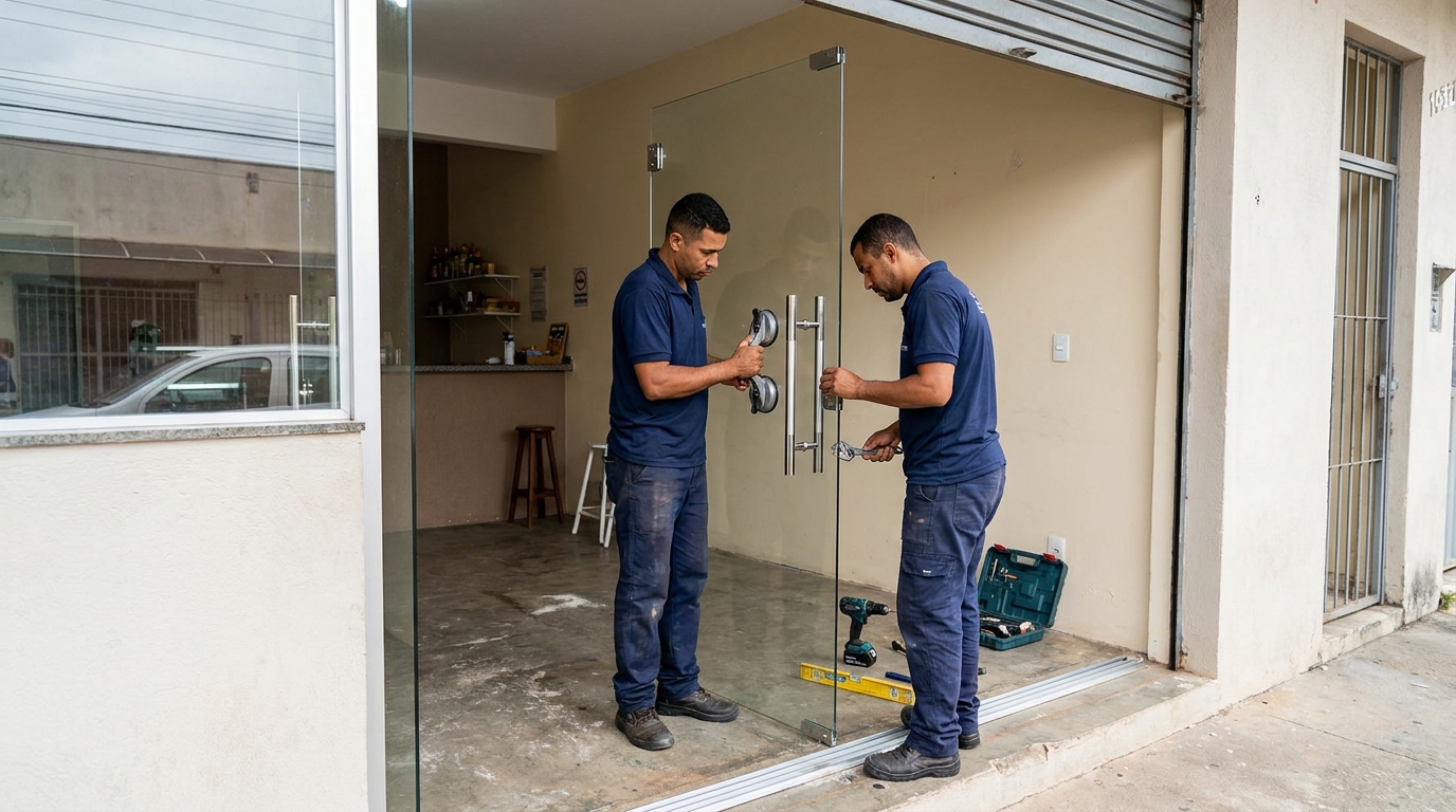 Dupla instalando porta de vidro em loja em Belo Horizonte-MG