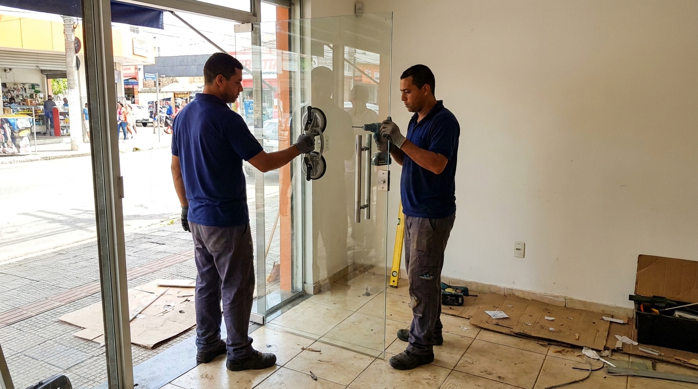 Porta de vidro de loja em rua movimentada em Belo Horizonte-MG